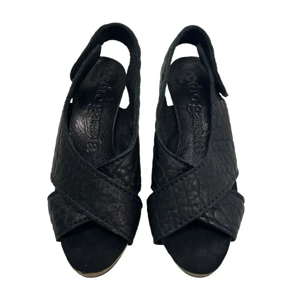 Pedro Garcia Luna Mid-Heel Slingback Sandals Soft Suede Cork Black Size 7.5